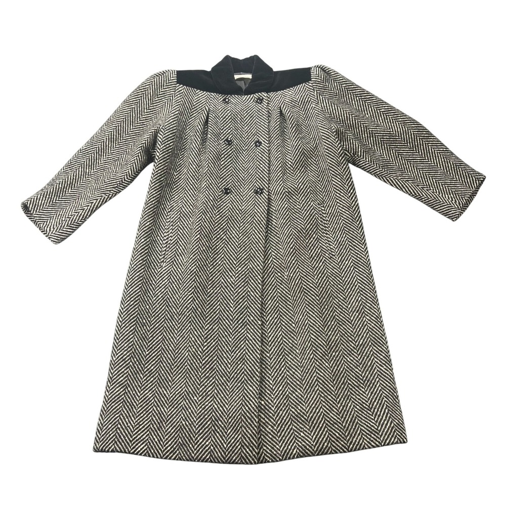 Mila Schön Women's 10 Italian Wool Coat Herringbone Black Velvet 60s 70s Vintage